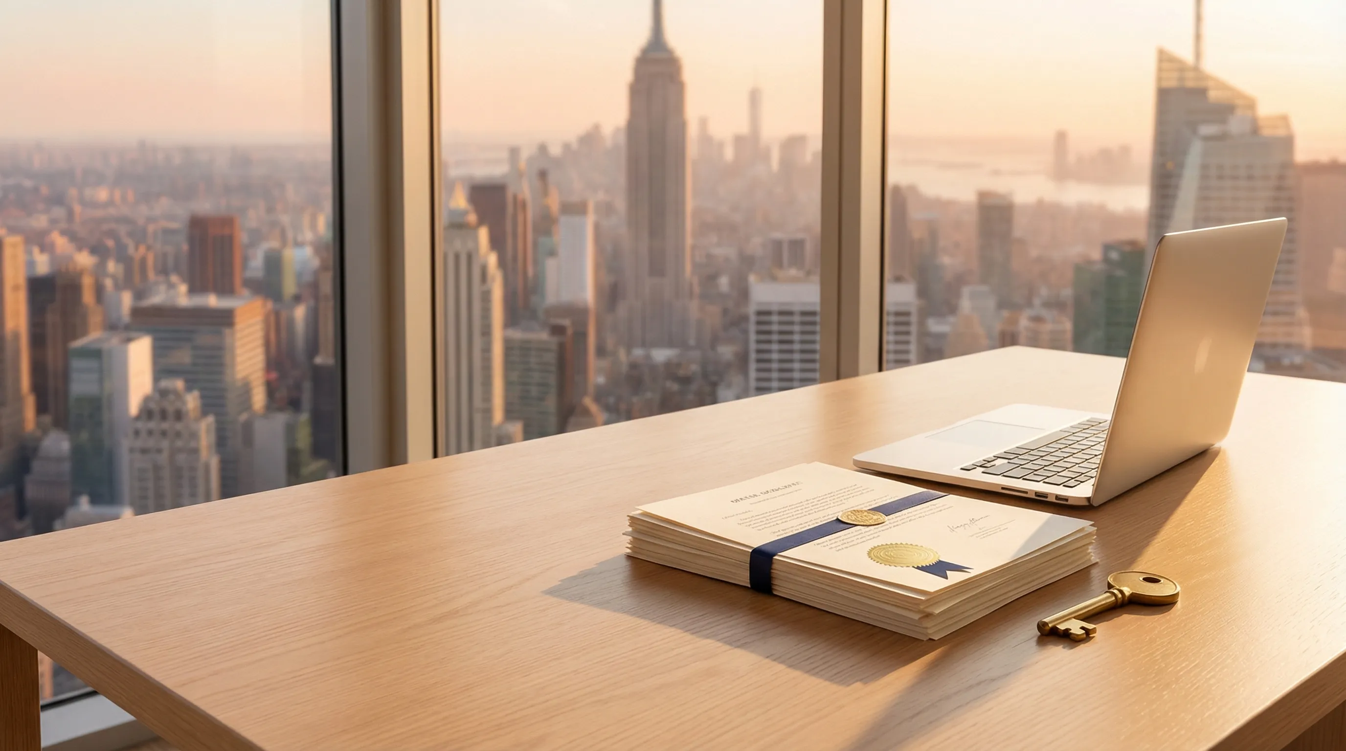 ABD'de kurulan bir LLC'nin sağladığı yasal ve finansal güvenliği simgeleyen, resmi belgeler ve anahtarın bulunduğu profesyonel ofis masası.