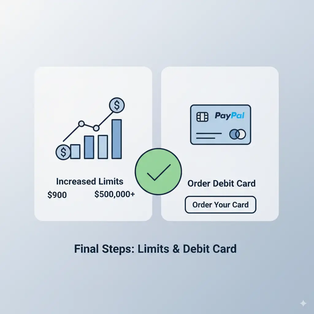 Artan limitleri ve bir PayPal debit kartını gösteren bir illüstrasyon