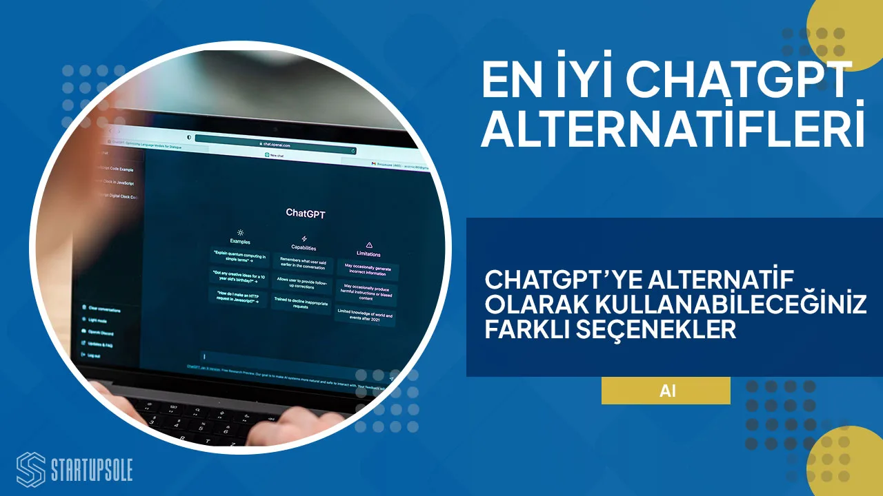 Chatgpt alternariflerini anlatan görselde, laptop ekranında chatgpt açık. Görselde üst başlık olarak en iyi chatgpt alternatifleri var alt başlık olarak : Chatgpt alternatif olarak kullanabileceğiniz seçenekler yazmaktadır