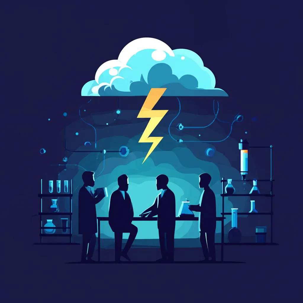 Laboratuvar ortamında bir araya gelmiş bilim insanlarının silüetleri bir bulut oluşturuyor. Buluttan inen şimşek, teknolojik inovasyonu temsil ediyor.