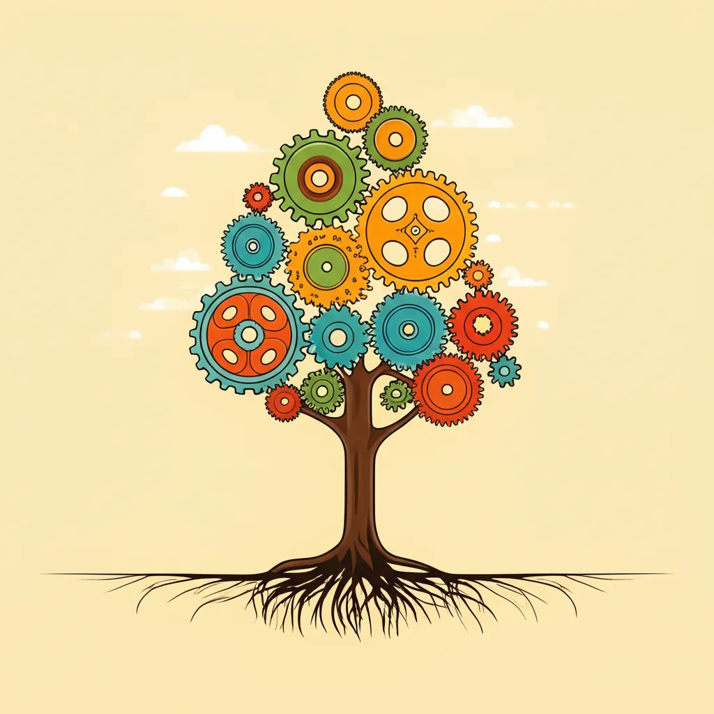 Farklı boyut ve renklerdeki dişlilerden oluşan bir ağaç illüstrasyonu. Ağacın kökleri toplumsal sorunları, gövdesi sosyal girişimciliği, meyveleri ise bu sorunlara bulunan çözümleri simgeliyor. Dişliler, uyum içinde çalışarak büyüyen ve meyve veren bir ağaç oluşturuyor.