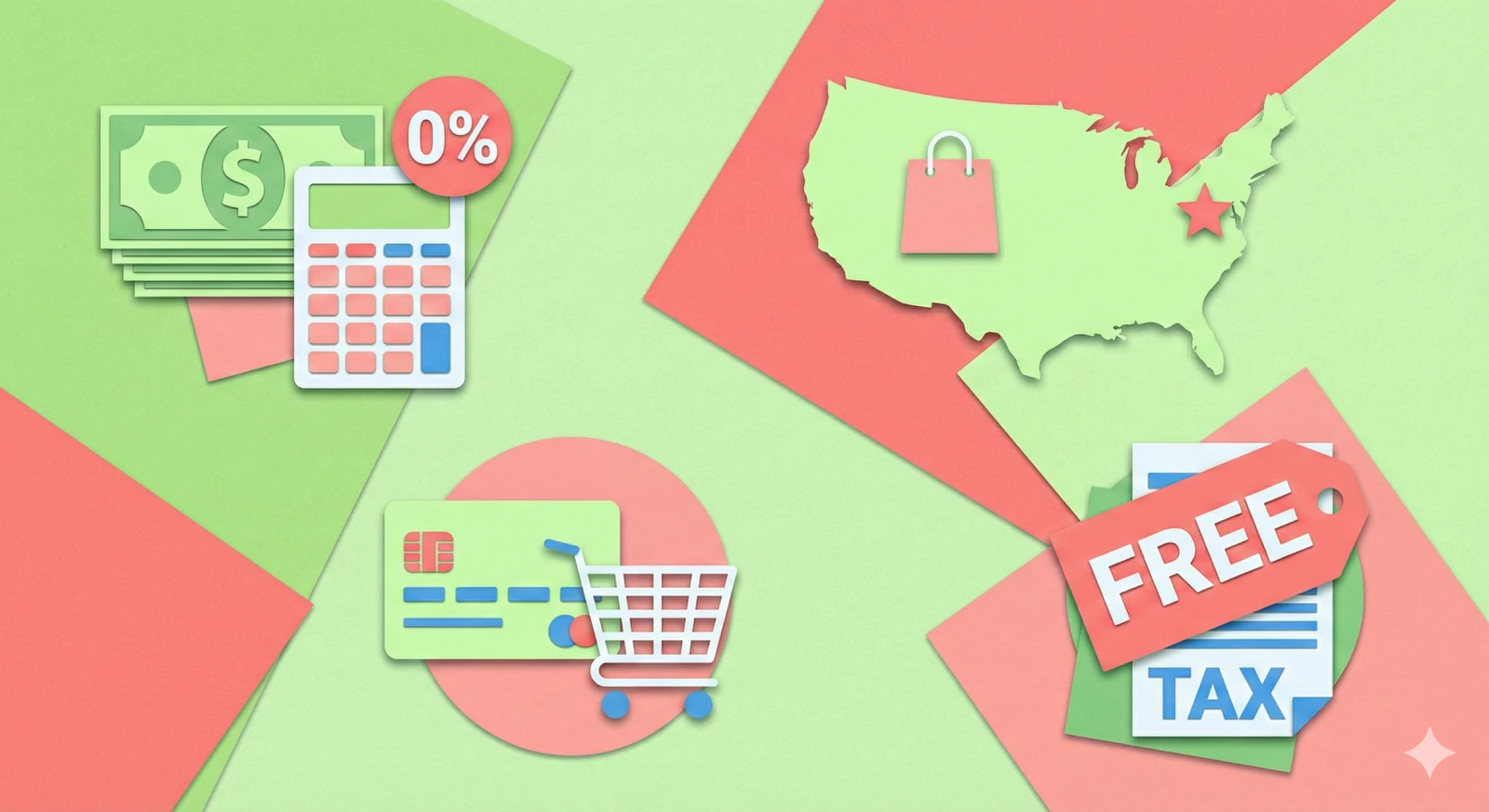 Amerika'da Tax Free almak temalı görsel. Bu görselde dolar simgesi, sol üstte dolar para remi var hemen yanında ise bir hesap makinesi ve üzerinde % işareti bulunur. Sağ üstte ABD haritası görünür sağ alt alanda FREE ve TAX ikonları hemen yanında ise kredi kartı ikonu ile bir alışveriş sepeti resimedilmiştir