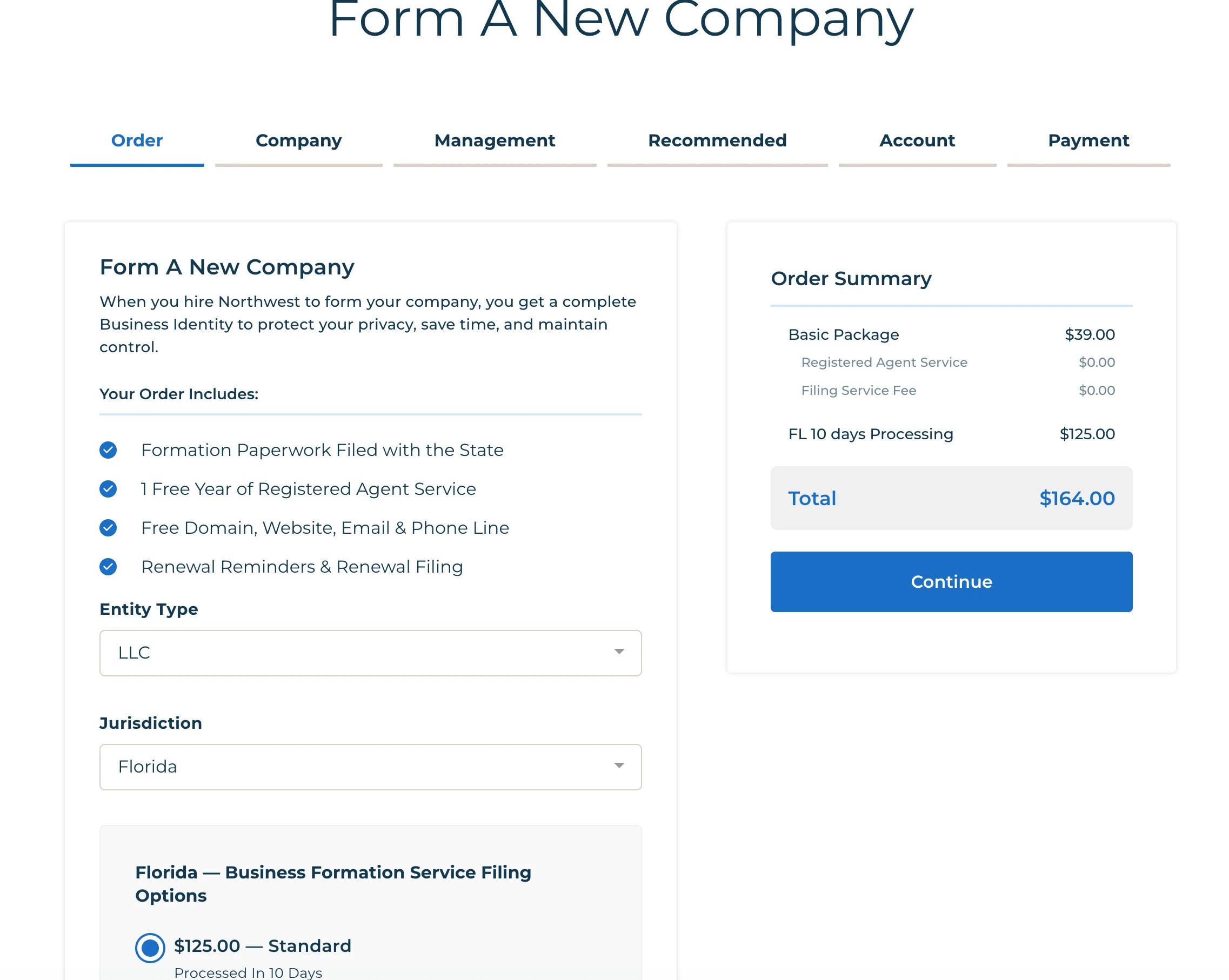 Entity Type olarak LLC, Jurisdiction olarak Florida eyaletini  seçebileceğiniz bir form