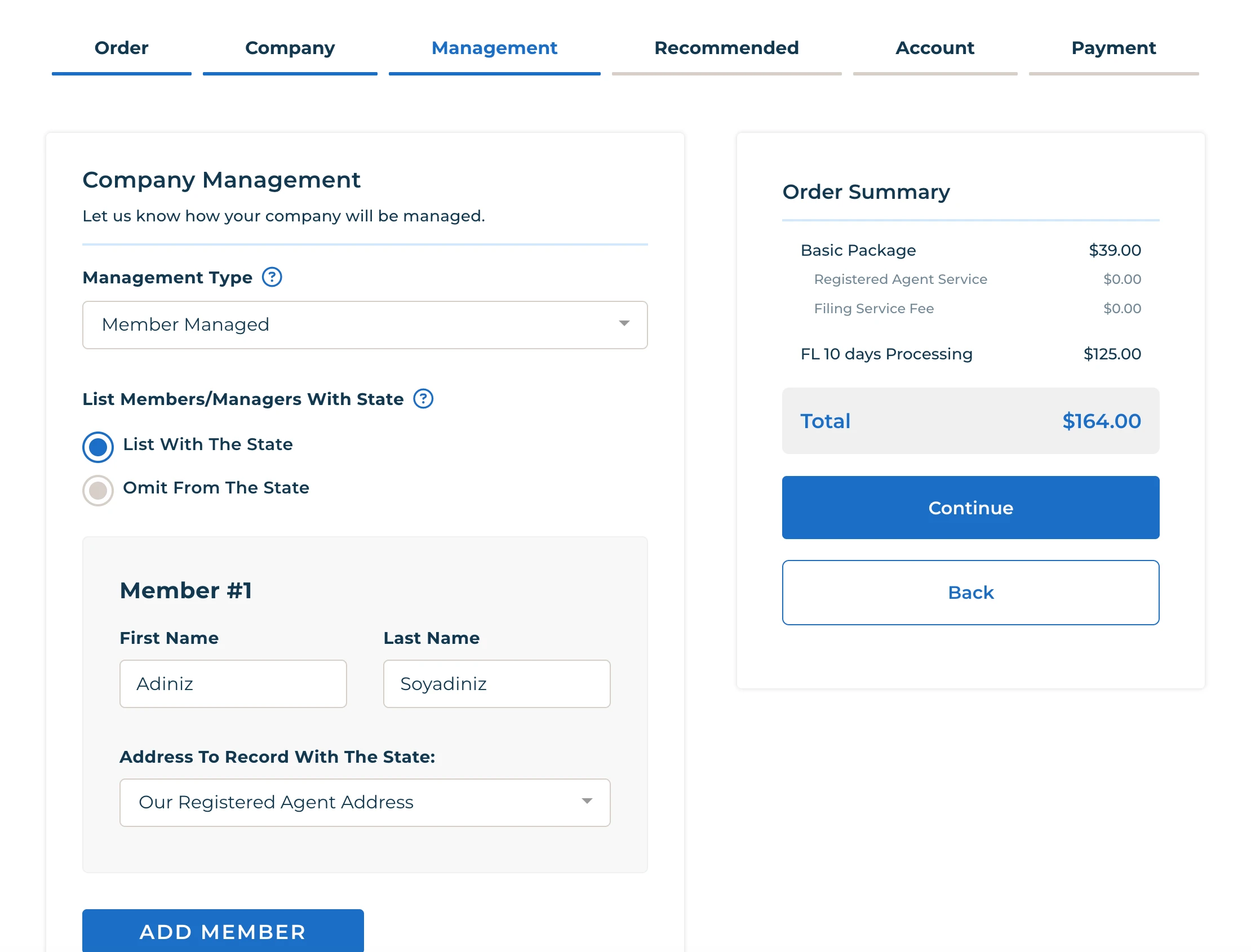 LLC üyelerini ekleyebileceğiniz bir web form adımı
