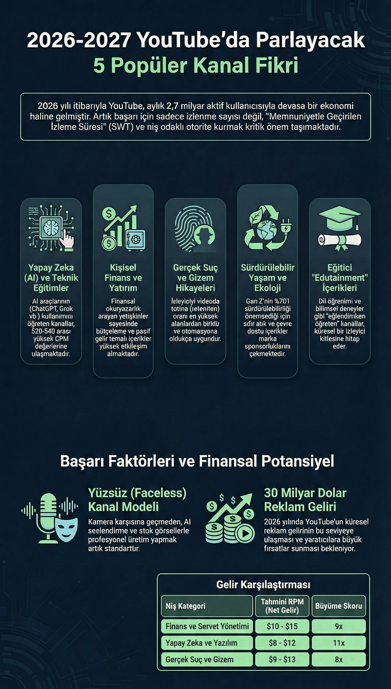 Koyu mavi arka plan üzerinde "2026-2027 YouTube'da Parlayacak 5 Popüler Kanal Fikri" başlıklı infografik. Üst kısımda, 2026 itibarıyla YouTube'un 2,7 milyar aktif kullanıcıya ulaşacağı ve "Memnuniyetle Geçirilen İzleme Süresi" (SWT) ile niş otoritesinin kritik önem taşıdığı belirtiliyor. Orta kısımda beş adet dikey sütun halinde kanal fikirleri ve ikonları yer alıyor: 1) Yapay Zeka (AI) ve Teknik Eğitimler (beyin çipi ikonu, yüksek CPM vurgusu); 2) Kişisel Finans ve Yatırım (para ve kasa ikonu, yüksek etkileşim vurgusu); 3) Gerçek Suç ve Gizem Hikayeleri (parmak izi ve şapkalı adam ikonu, yüksek otomasyon potansiyeli); 4) Sürdürülebilir Yaşam ve Ekoloji (dünya ve fiş ikonu, Z kuşağı ve marka sponsorluğu vurgusu); 5) Eğitici "Edutainment" İçerikleri (kep ve diploma ikonu, küresel izleyici kitlesi vurgusu). Alt kısımda "Başarı Faktörleri ve Finansal Potansiyel" başlığı altında iki bölüm bulunuyor: Solda "Yüzsüz (Faceless) Kanal Modeli" (mikrofon ve maske ikonu, AI seslendirme ve stok görsel kullanımı vurgusu), sağda "30 Milyar Dolar Reklam Geliri" (dolar işaretli para yığını ve ok ikonu, 2026 küresel reklam geliri beklentisi). Sağ altta "Gelir Karşılaştırması" tablosu yer alıyor: "Finans ve Servet Yönetimi" için Tahmini RPM $10 - $15, Büyüme Skoru 9x; "Yapay Zeka ve Yazılım" için Tahmini RPM $8 - $12, Büyüme Skoru 11x; "Gerçek Suç ve Gizem" için Tahmini RPM $9 - $13, Büyüme Skoru 8x olarak listelenmiş.