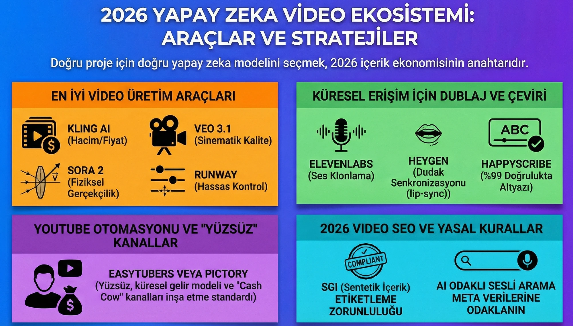 Mavi arka plan üzerinde "2026 Yapay Zeka Video Ekosistemi: Araçlar ve Stratejiler" başlığına sahip dört bölümlü infografik. Sol üstte turuncu alanda Kling AI, Veo 3.1, Sora 2 ve Runway gibi video üretim araçları; sağ üstte yeşil alanda ElevenLabs, HeyGen ve HappyScribe içeren dublaj ve çeviri araçları; sol altta mor alanda EasyTubers ve Pictory ile YouTube otomasyonu ve yüzsüz kanallar; sağ altta mavi alanda ise SGI etiketleme ve sesli arama odaklı 2026 video SEO kuralları yer alıyor.