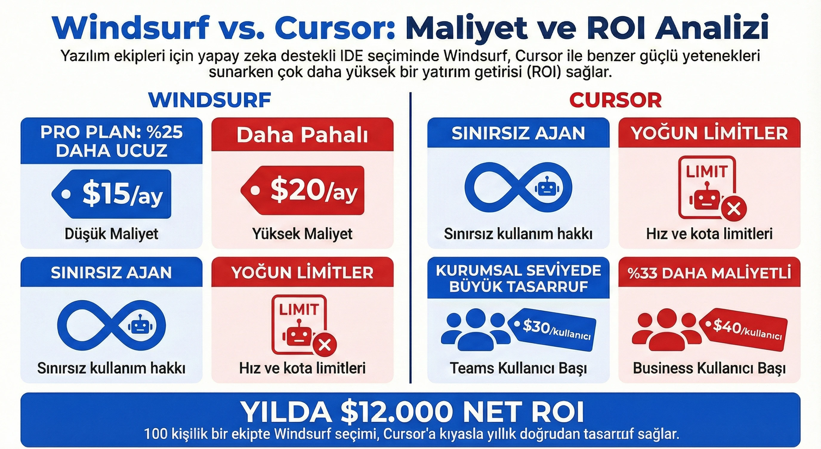 Windsurf ve Cursor yapay zeka editörlerini maliyet ve yatırım getirisi (ROI) açısından kıyaslayan analiz infografiği. Tabloda; Windsurf'ün aylık 15$ fiyatla Cursor'ın 20$'lık planından %25 daha ucuz olduğu ve sınırsız ajan (agent) kullanım hakkı sunduğu; buna karşın Cursor'ın hız ve kota limitleri uyguladığı gösterilmektedir. Kurumsal paketlerde Windsurf kullanıcı başı 30$ iken Cursor'ın 40$ olduğu, 100 kişilik bir ekipte Windsurf seçiminin yılda 12.000$ net tasarruf sağladığı vurgulanmaktadır