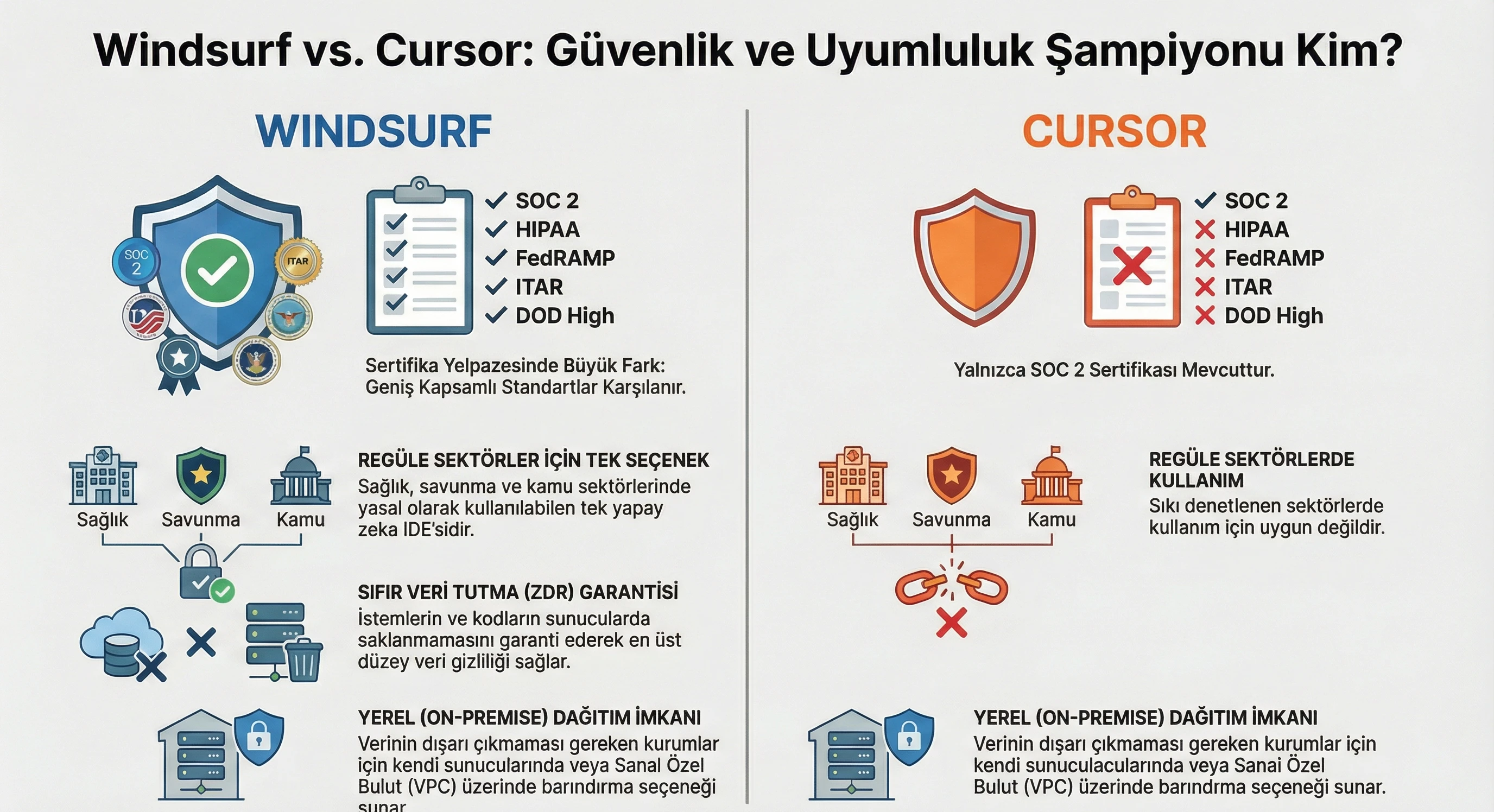 Windsurf ve Cursor IDE'lerini veri güvenliği ve yasal uyumluluk açısından kıyaslayan infografik. Tabloda; Windsurf'ün SOC 2, HIPAA, FedRAMP, ITAR ve DOD High sertifikalarının tamamına sahip olduğu, Sıfır Veri Tutma (ZDR) garantisi sunduğu ve sağlık/savunma sektörleri için tek uygun seçenek olduğu belirtilmektedir. Buna karşın Cursor'ın yalnızca SOC 2 sertifikasına sahip olduğu, diğer kritik güvenlik standartlarını karşılamadığı ve regüle sektörler için yetersiz kaldığı görselleştirilmiştir