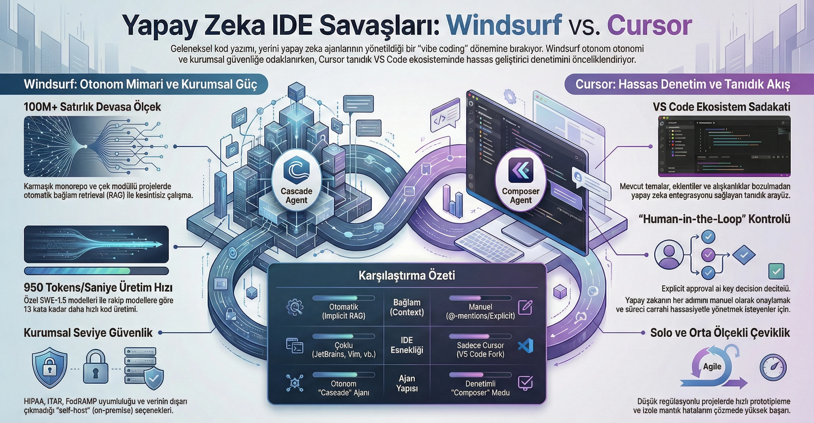 Windsurf ve Cursor arasındaki 'Yapay Zeka IDE Savaşları'nı özetleyen sonuç infografiği. Görselin solunda Windsurf'ün 'Cascade Ajanı' ile otonom mimari, 100M+ satır ölçeği ve 950 token/sn üretim hızı sunduğu vurgulanırken; sağ tarafta Cursor'ın 'Composer Ajanı' ile VS Code ekosistemine sadık, insan denetimli (Human-in-the-Loop) bir yapı sunduğu belirtilmektedir. Ortadaki özet tablosunda ise Otomatik RAG (Windsurf) ile Manuel Bağlam (Cursor) farkları karşılaştırılmıştır.