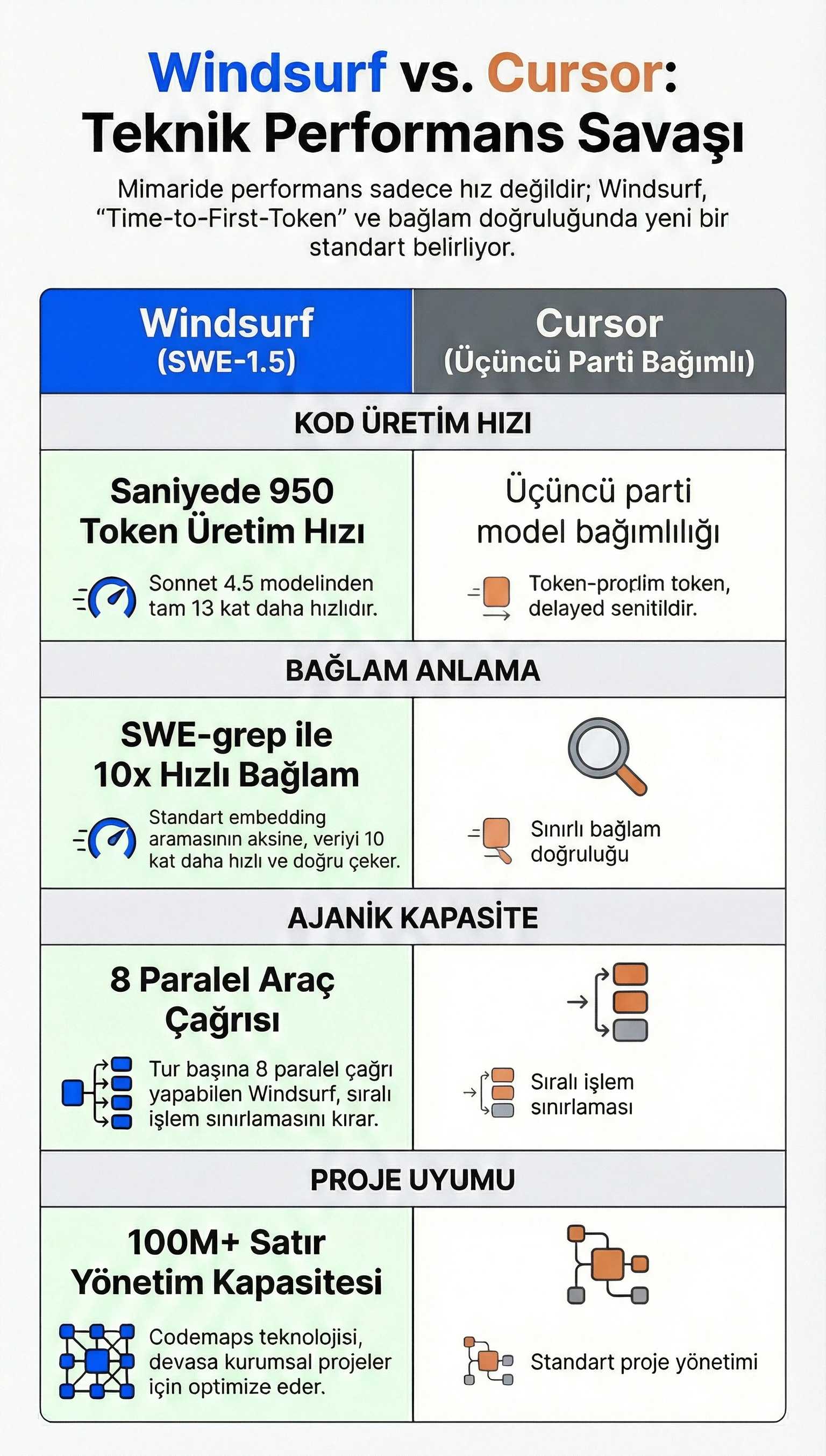 Windsurf (SWE-1.5) ve Cursor kod editörlerini 4 ana kategoride kıyaslayan teknik performans infografiği. Tabloda; Windsurf'ün saniyede 950 token üretim hızıyla (Sonnet 4.5'ten 13 kat hızlı) kod ürettiği, SWE-grep teknolojisiyle 10 kat hızlı bağlam (context) yakaladığı, tur başına 8 paralel araç çağrısı yapabildiği ve Codemaps ile 100M+ satırlık dev projeleri yönetebildiği vurgulanmaktadır. Karşılığında Cursor'ın üçüncü parti model bağımlılığı, sınırlı bağlam doğruluğu ve sıralı işlem kısıtlamaları gösterilmektedir.