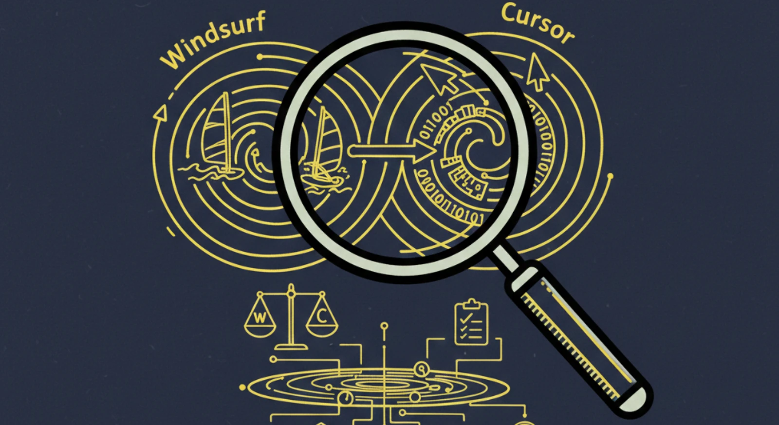 Lacivert zemin üzerinde parlak sarı çizgilerle hazırlanmış, Windsurf ve Cursor yapay zeka kod editörlerini kıyaslayan minimalist illüstrasyon. Görselin merkezinde, rüzgar sörfü yelkeni ve bilgisayar imleci ikonlarını içeren veri dairelerini inceleyen büyük bir büyüteç bulunur. Alt kısımda ise iki aracı tartan bir terazi, hız göstergeleri ve '2026 Analiz' vurgusu ile teknik özelliklerin karşılaştırıldığını simgeleyen grafikler yer almaktadır.