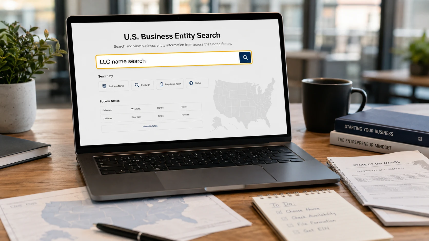 ABD'de LLC Şirket İsmi Kontrol Etme ABD'de LLC şirket ismi kontrolü için business entity search ekranı açık olan laptop