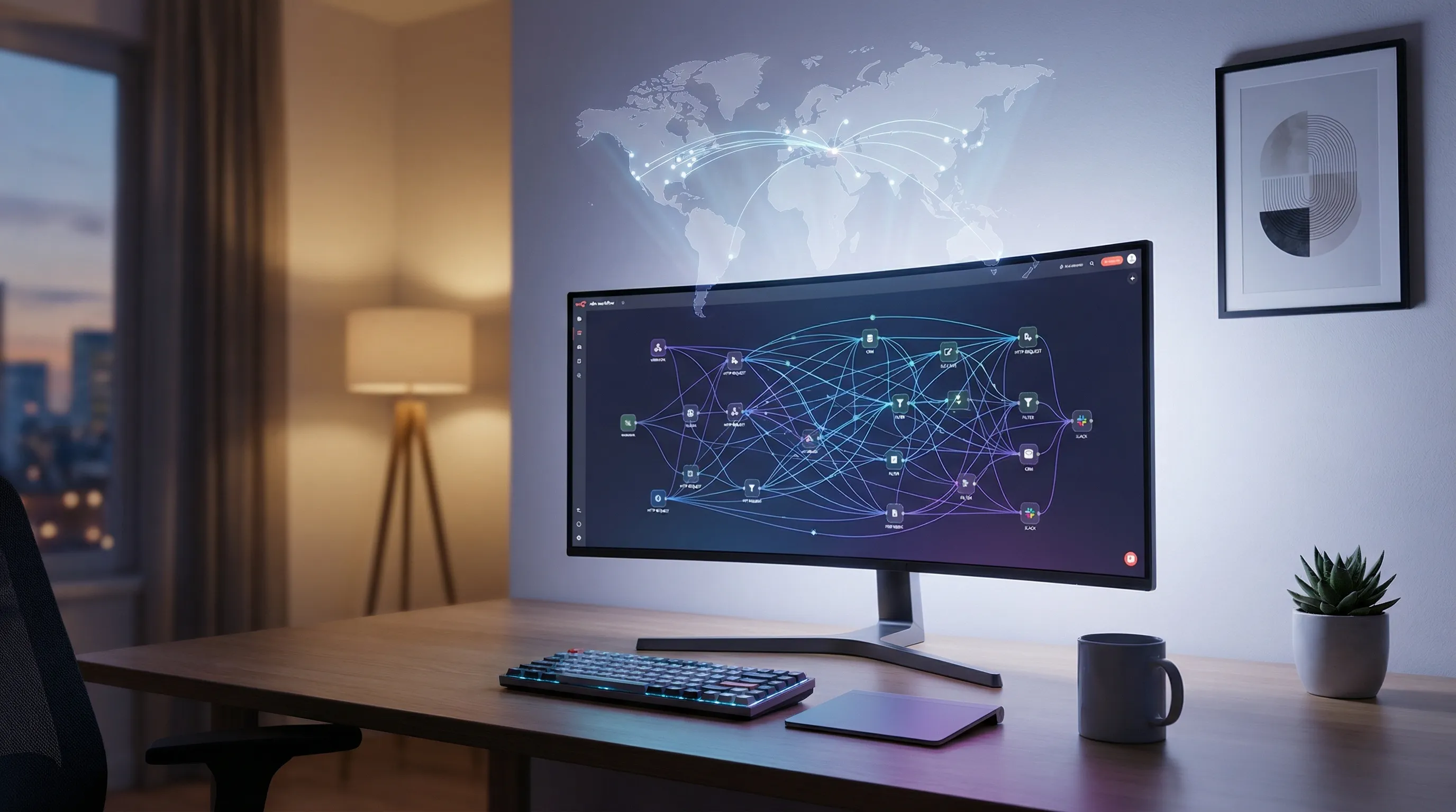 n8n otomasyonu ile küresel bir SaaS iş modeli kurma fikrini yansıtan modern bir çalışma ortamı ve parlayan dijital akış şeması.