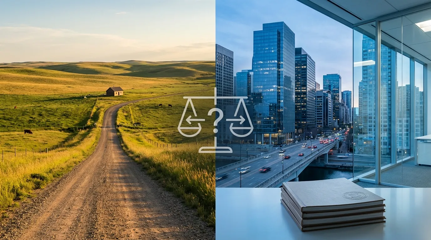 Wyoming'in düşük maliyetli ve basit yapısını simgeleyen açık bir manzara ile Delaware'in yatırımcı dostu kurumsal yapısını gösteren bir şehir manzarasını karşılaştıran görsel. LLC kurulumu için eyalet seçimi ve maliyet analizi.