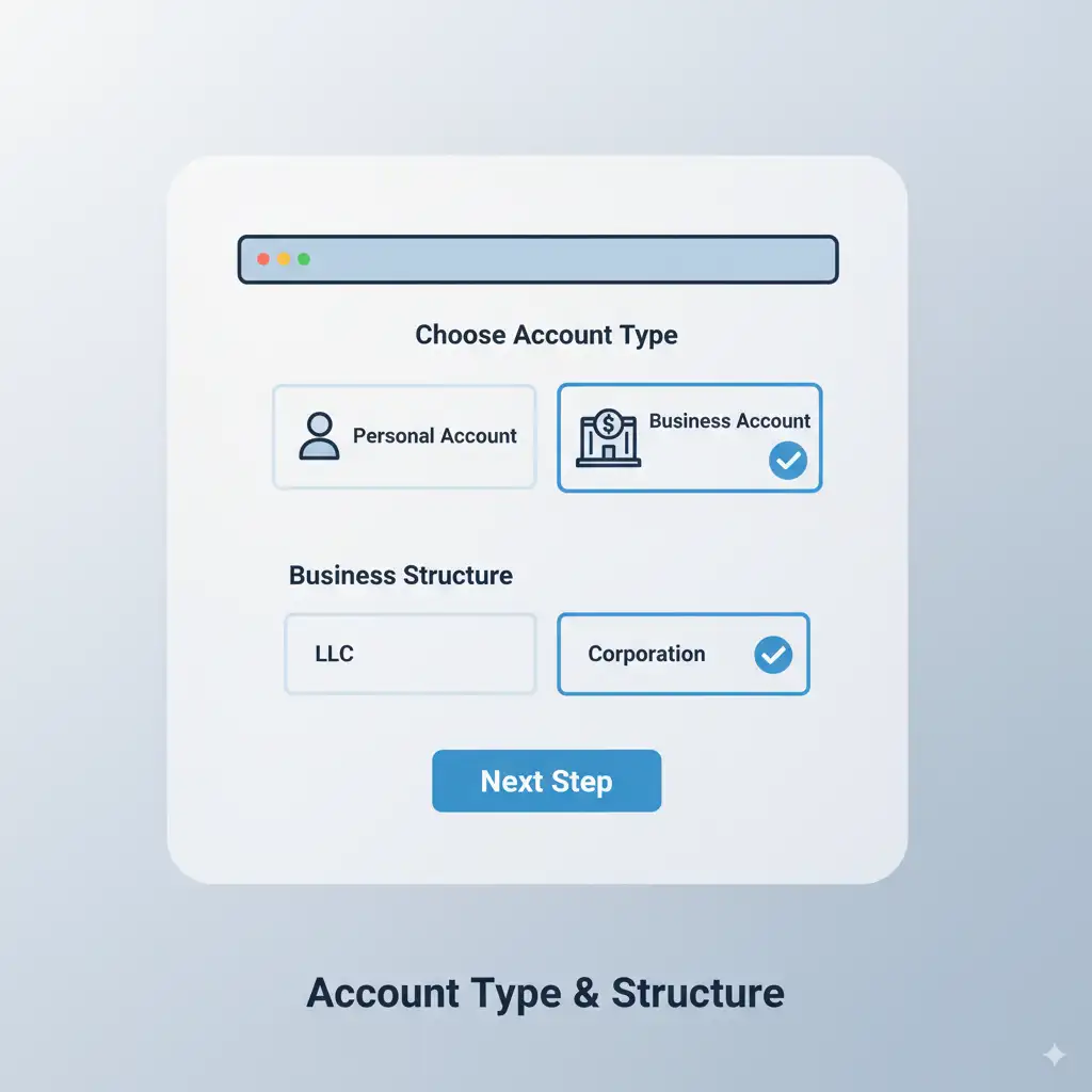 "Business Account" ve "Corporation" seçeneklerinin vurgulandığı sade bir illüstrasyon