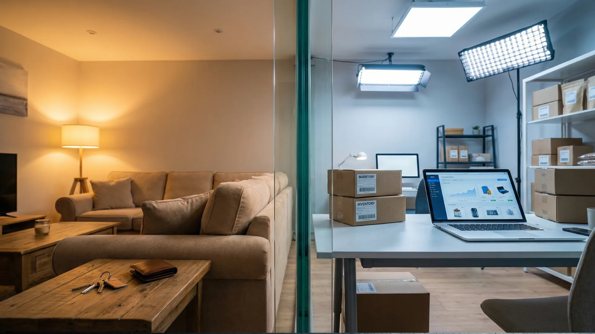 Bir cam duvar ile iş varlıklarından (laptop, kargo kutuları) ayrılmış kişisel varlıklar (koltuk, ev anahtarları), LLC kurumsal kalkanının koruyucu yapısını anlatıyor