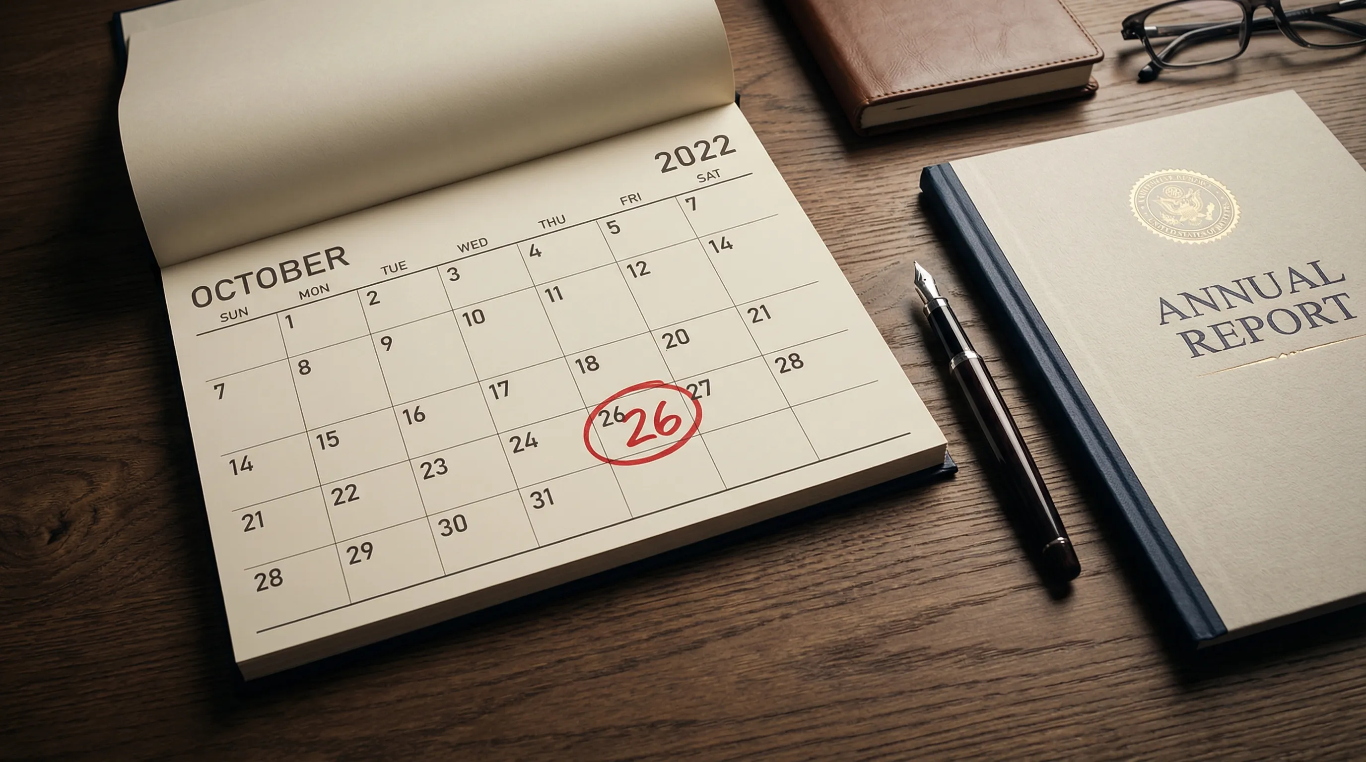 LLC yıllık rapor ücreti ve son teslim tarihlerinin önemini simgeleyen, üzerinde tarihi işaretlenmiş bir masa takvimi ve resmi evraklar.