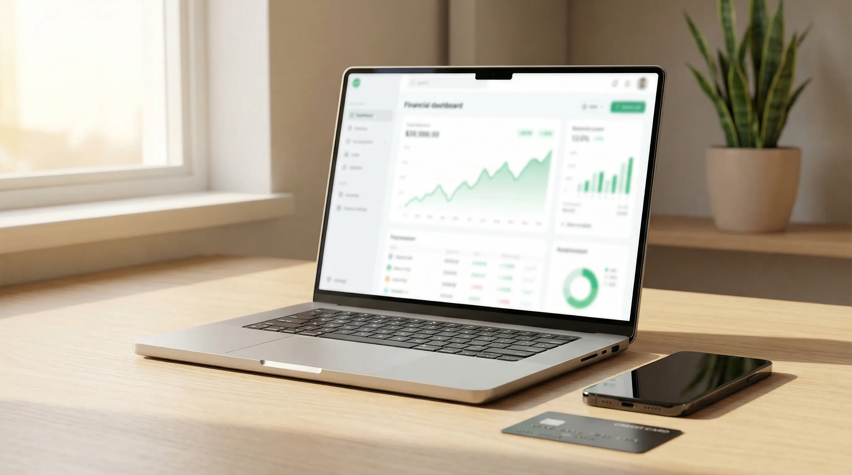 Modern bir ofis masasında dijital ödeme sistemlerini ve finansal başarıyı simgeleyen laptop ve akıllı telefon görünümü.