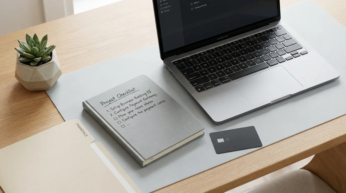 Düzenli bir çalışma masası üzerinde laptop, banka kartı ve belgelerle birlikte tamamlanmış bir yapılacaklar listesi. LLC kurulum sonrası ABD banka hesabı, Stripe entegrasyonu ve yasal uyum adımlarını gösteren motive edici bir görsel.