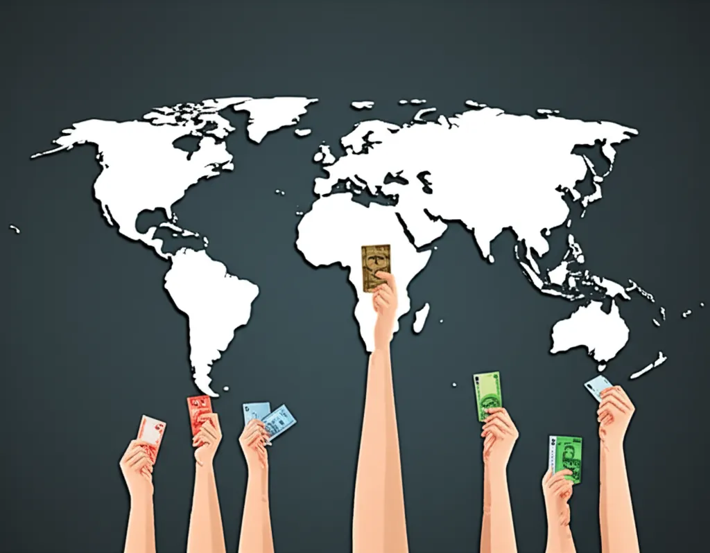 Dünya haritası üzerinde farklı ülkelerden gelen eller, her biri farklı bir para birimini tutarak bir projeye yatırım yapmak için uzanıyor. Bu, uluslararası kitlesel fonlamanın küresel erişimini ve çeşitli kaynaklardan sağlanan yatırımları temsil ediyor.