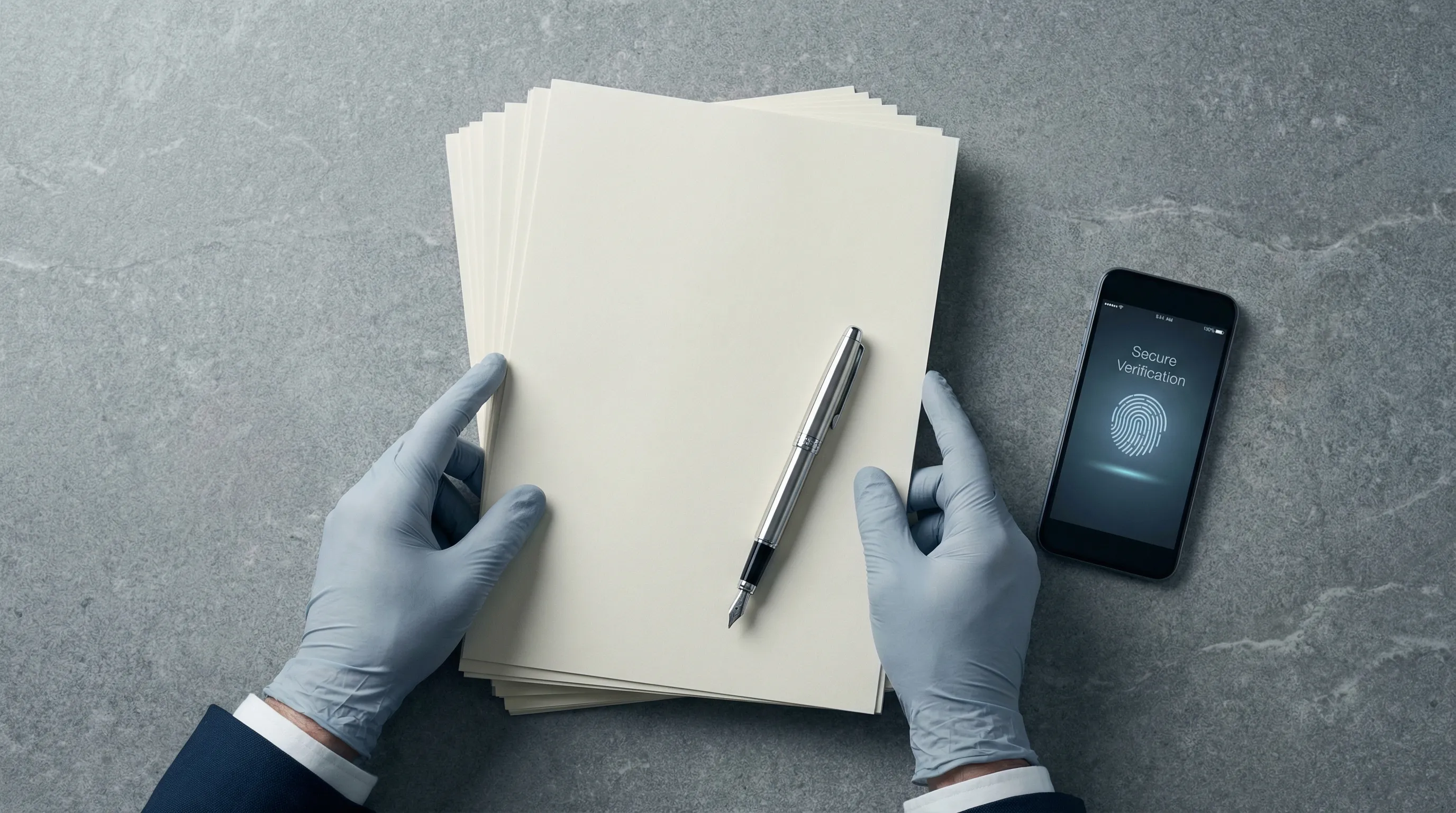 Resmi şirket belgeleri, kalem ve telefon üzerinde güvenlik doğrulama ekranı bulunan profesyonel masaüstü görünümü.
