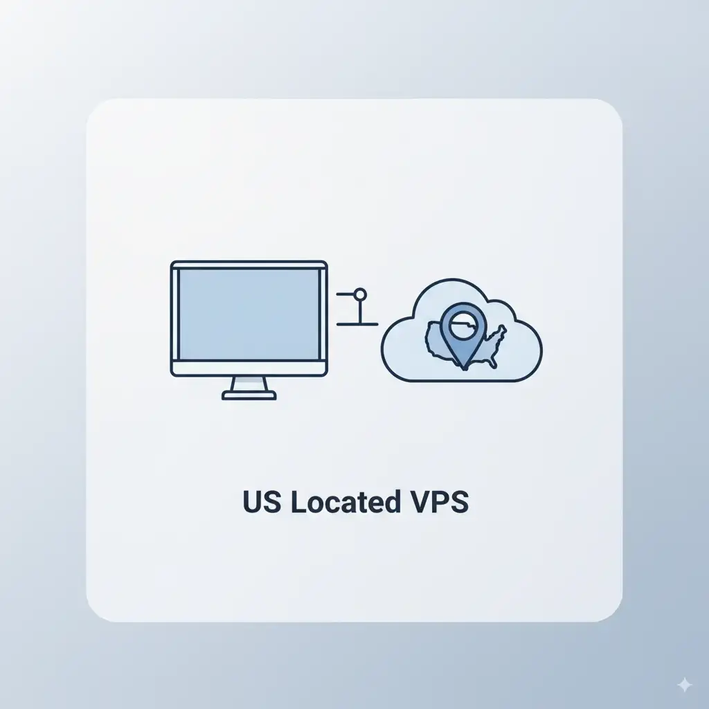 Bir bilgisayar ve bulut simgesiyle Amerika konumlu bir VPS kullanımını sade bir illüstrasyonla gösteren bir görsel.