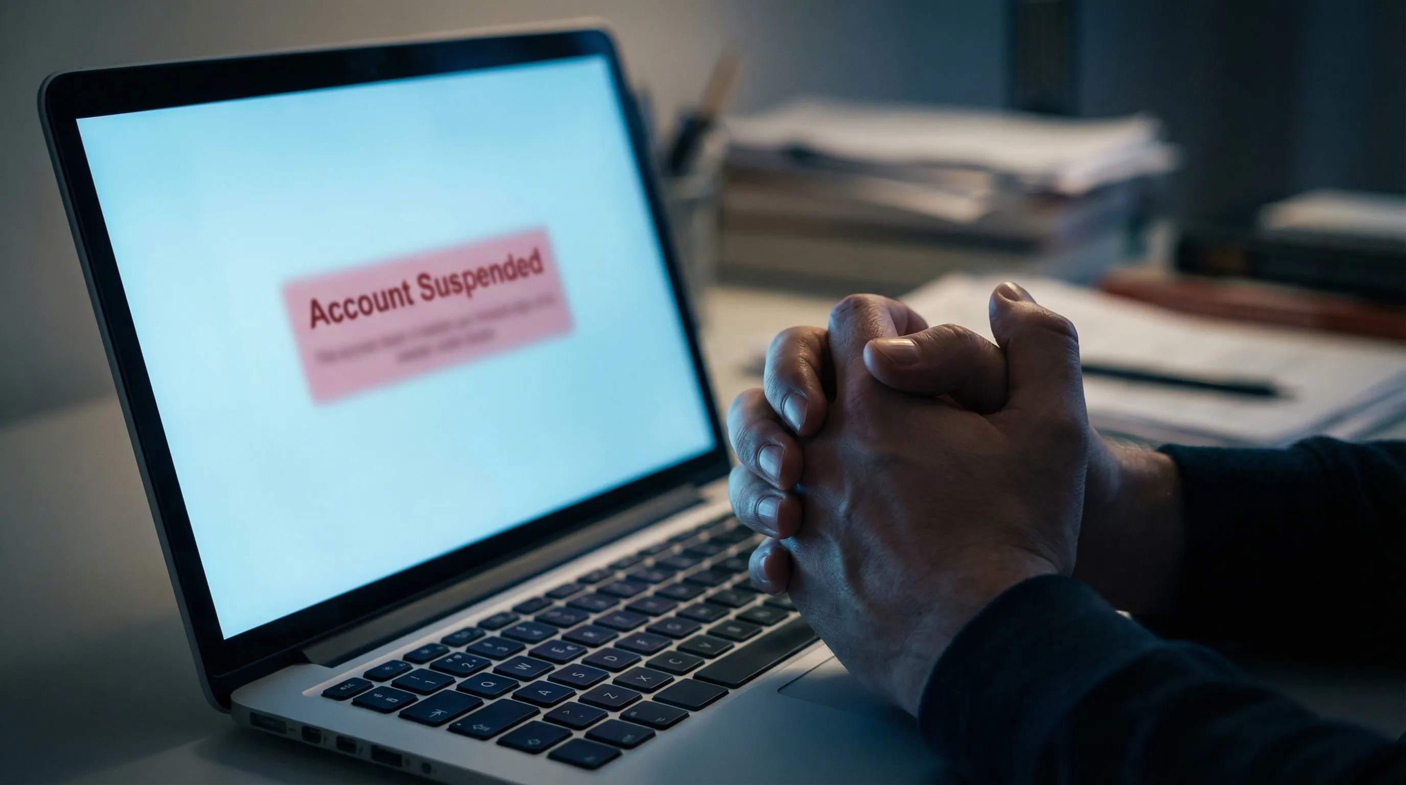 Stripe veya PayPal hesabı askıya alınan bir dropshipping girişimcisinin gece geç saatte laptop başında yaşadığı stres ve belirsizlik.