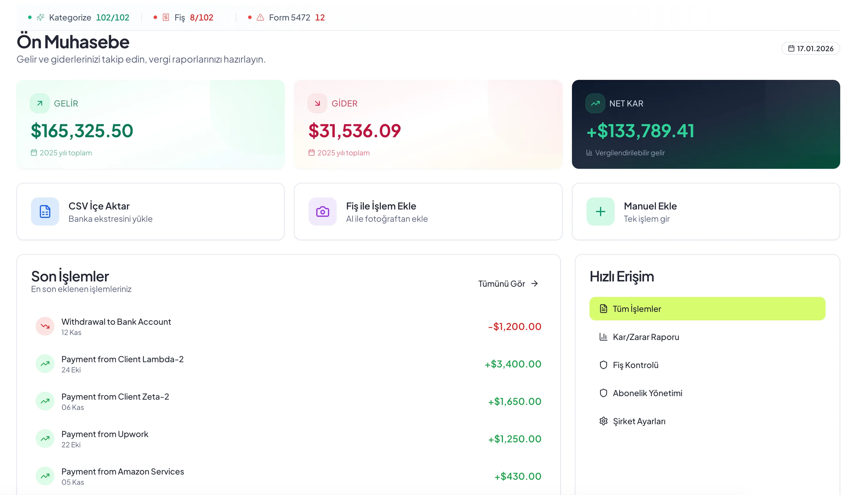 Startupsole Muhasebe Dashboard - LLC Bookkeeping Yazılımı